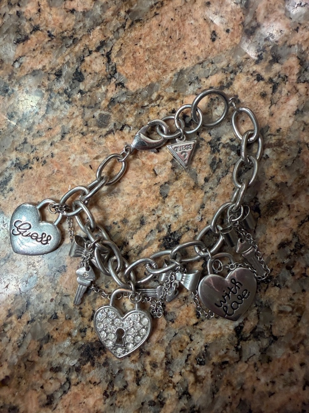 Guess Silver Heart Charm Bracelet with Crystal Lock